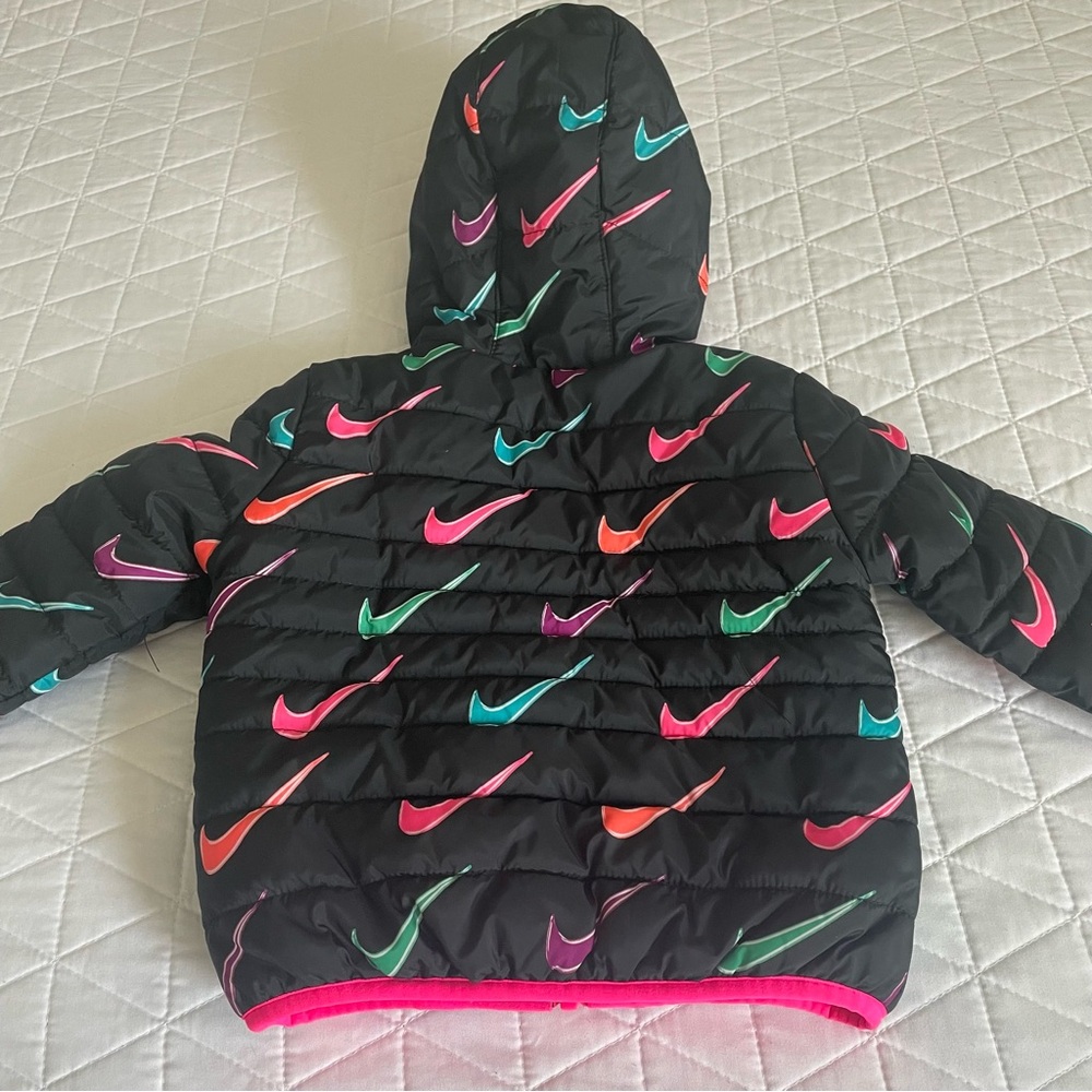 Nike Black Puffer Jacket with Multicolor Swooshes - Picture 2 of 3